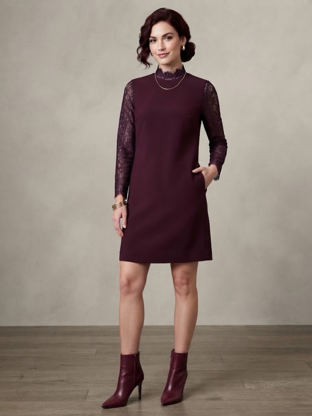 Topshop Purple Solid Lace Long Sleeve High Neck Shift Mini Dress Zip US 2 Formal